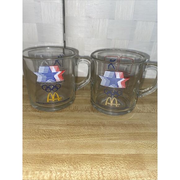 Set of 2 Vintage McDonalds 1984 Los Angeles Olympics Glass Mugs Weights Horse - Picture 1 of 6